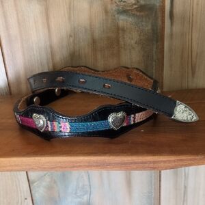 Vintage Black Leather and Multicolor Women's Belt with Heart Accents